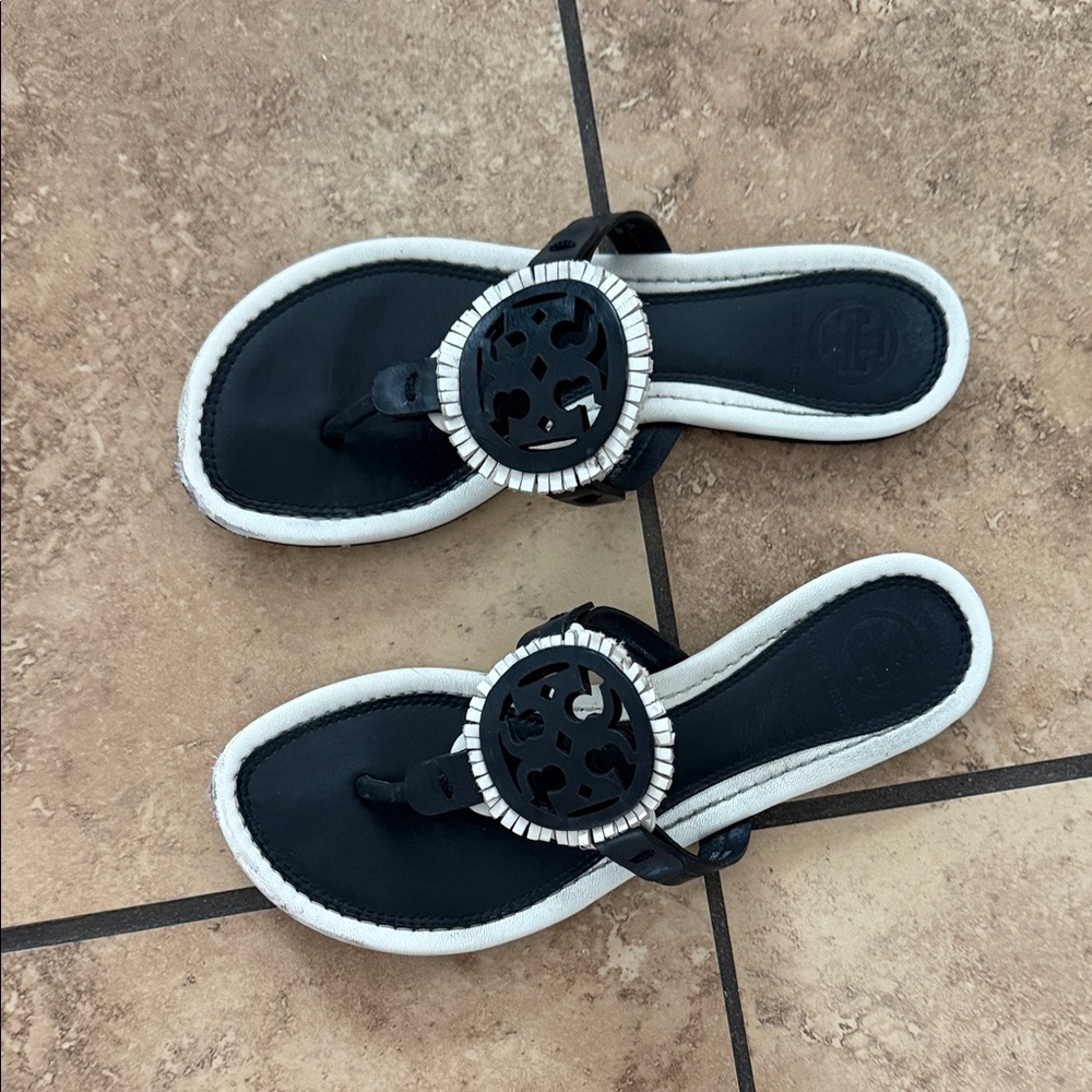 Tory Burch Black and White Logo Medallion Thong Sandals